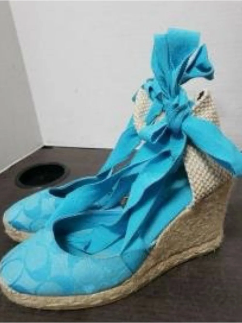 Coach Turquoise Espadrille Wedge Ankle Tie Sandals